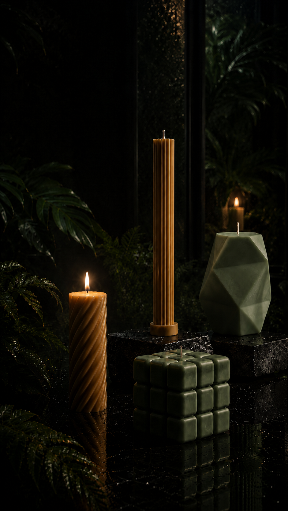 Sculptural VINEZ candles in a dark botanical greenhouse with warm candlelight